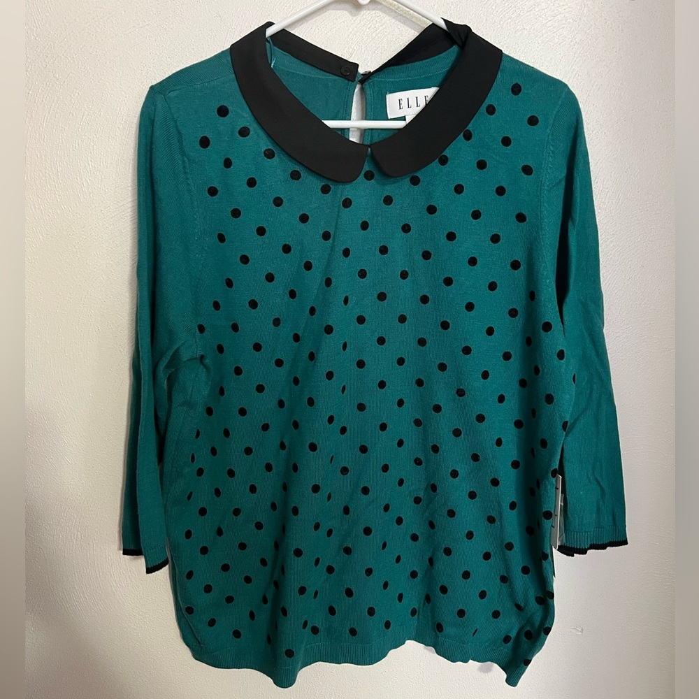 ELLE‎ Classic Lightweight Sweater Polka Dots & Removable Collar Teal Black Sz XL